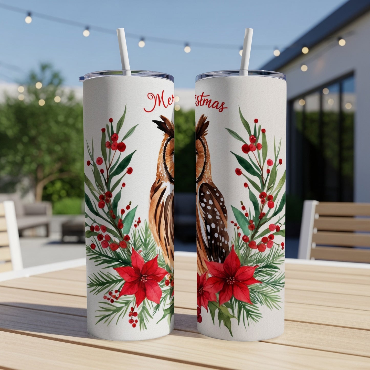 Two tumblers with owls, poinsettias, and "Merry Christmas" text.