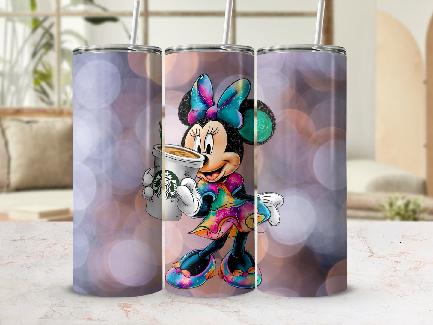 Colorful Minnie Mouse Holding Coffee Tumbler