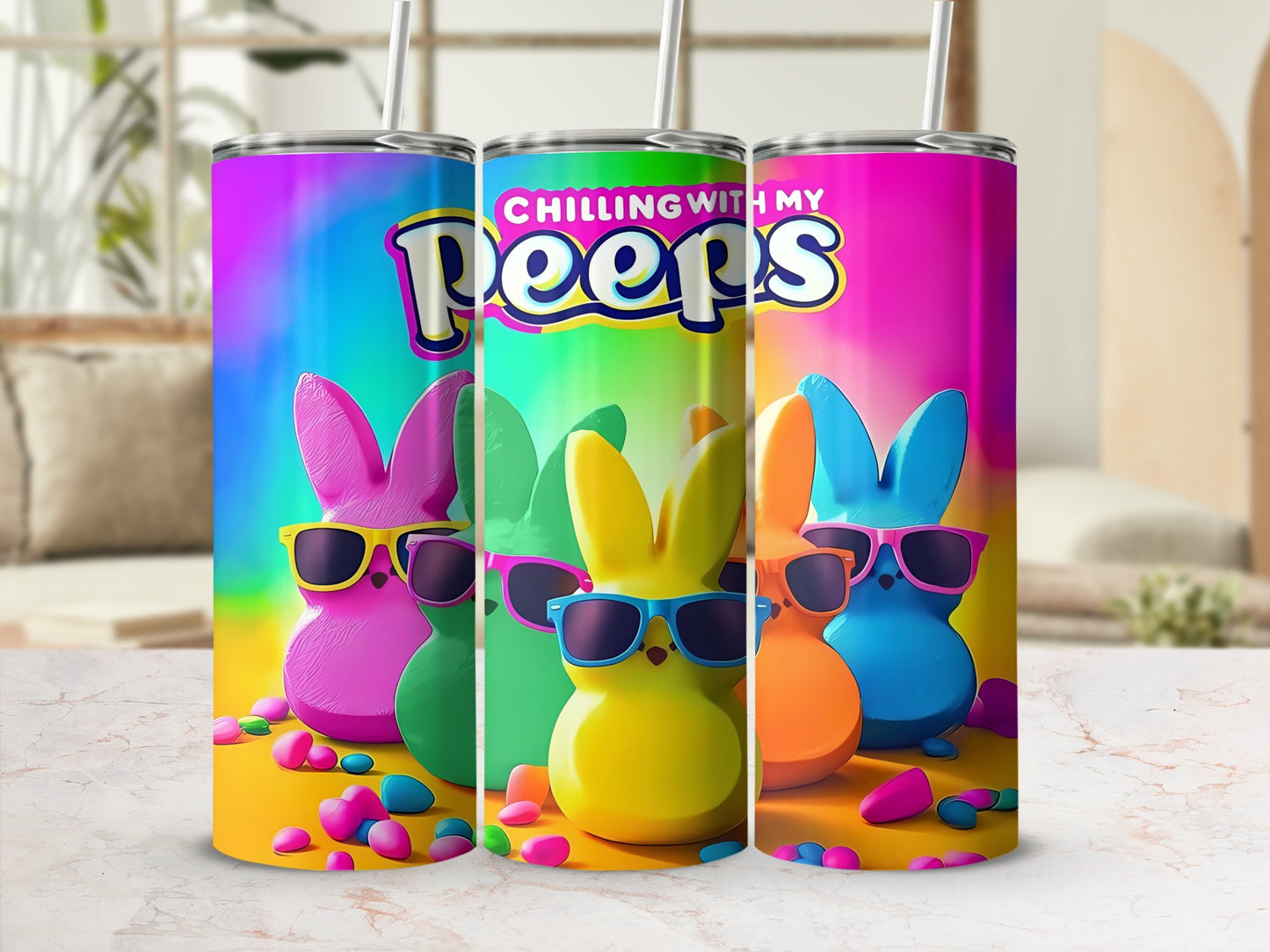 Chilling With My Peeps colorful bunnies sunglasses tumbler