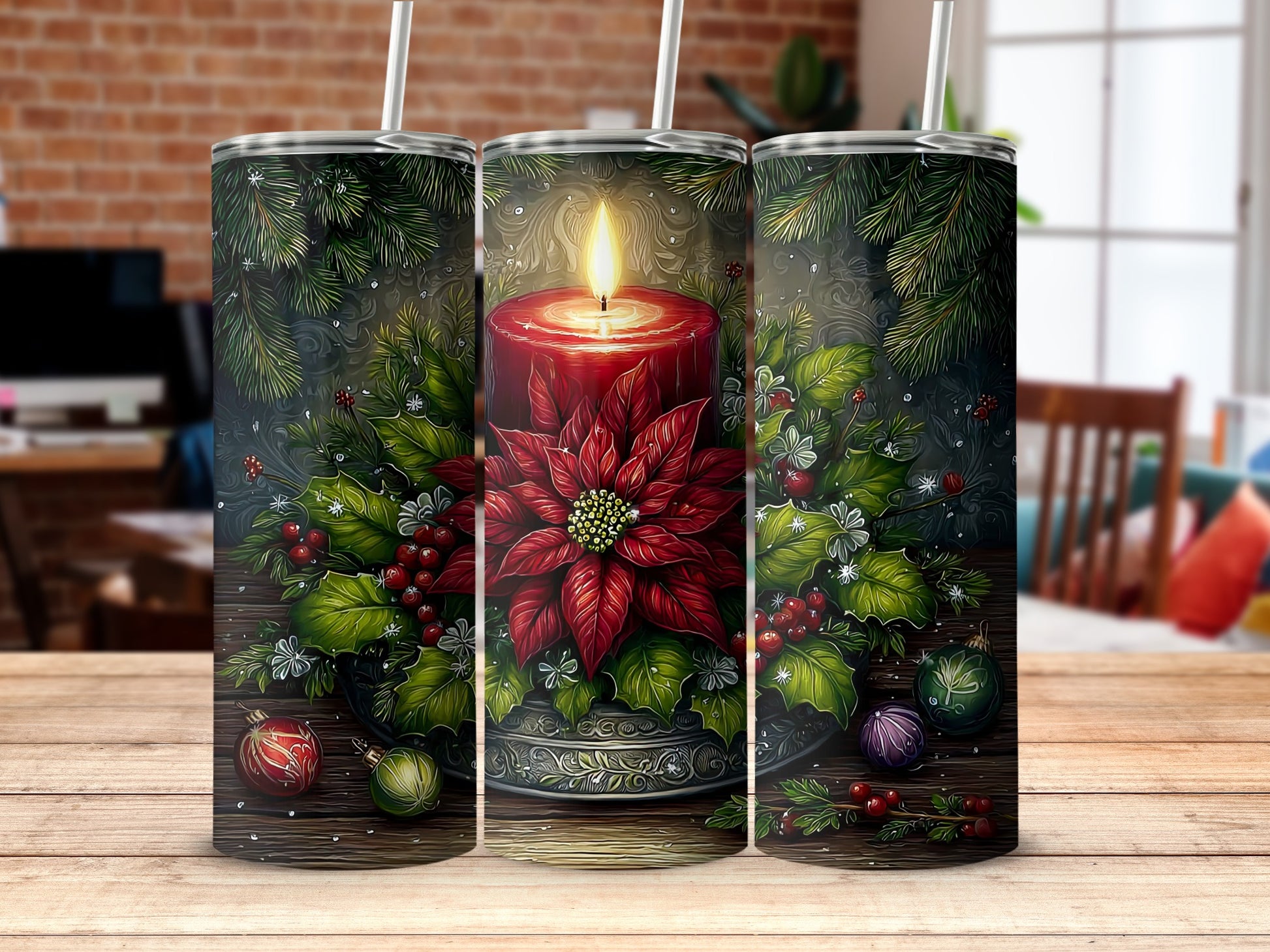 Christmas Candle Poinsettia Ornament Tumbler Design