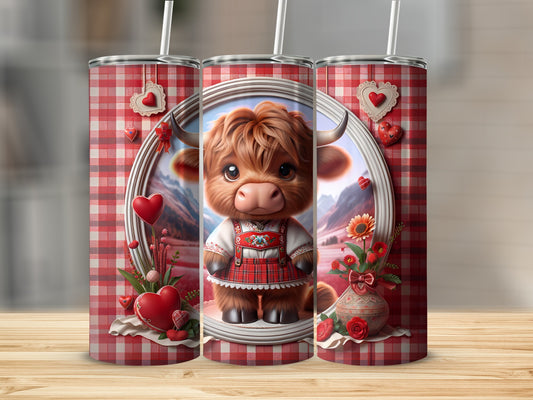 Cute cartoon highland cow with hearts and flowers, Valentine's theme.