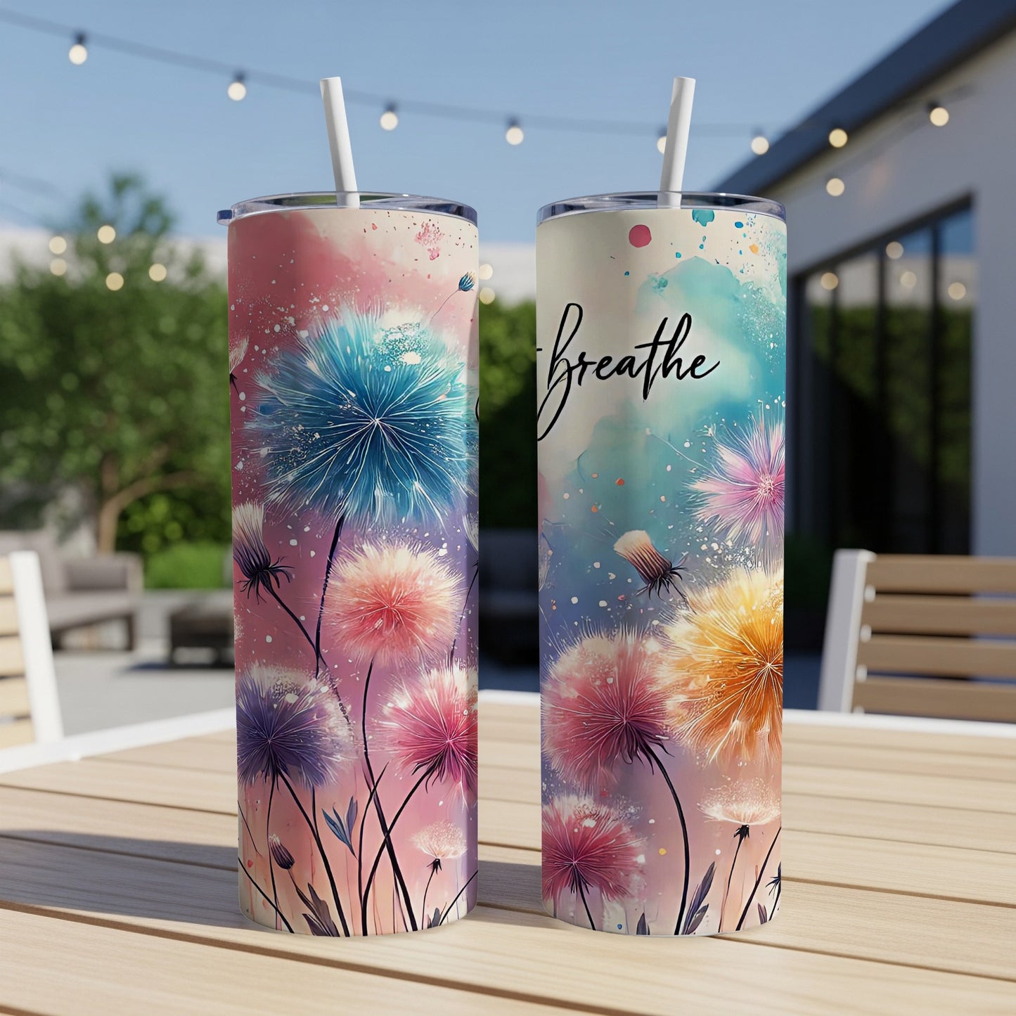 Two tumblers with dandelion floral designs and "breathe" text.