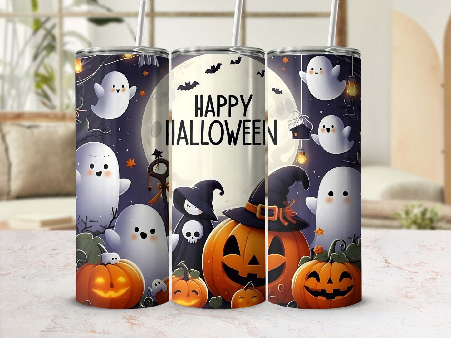Three tumblers featuring cute ghosts, pumpkins, and bats with "Happy Halloween" text.
