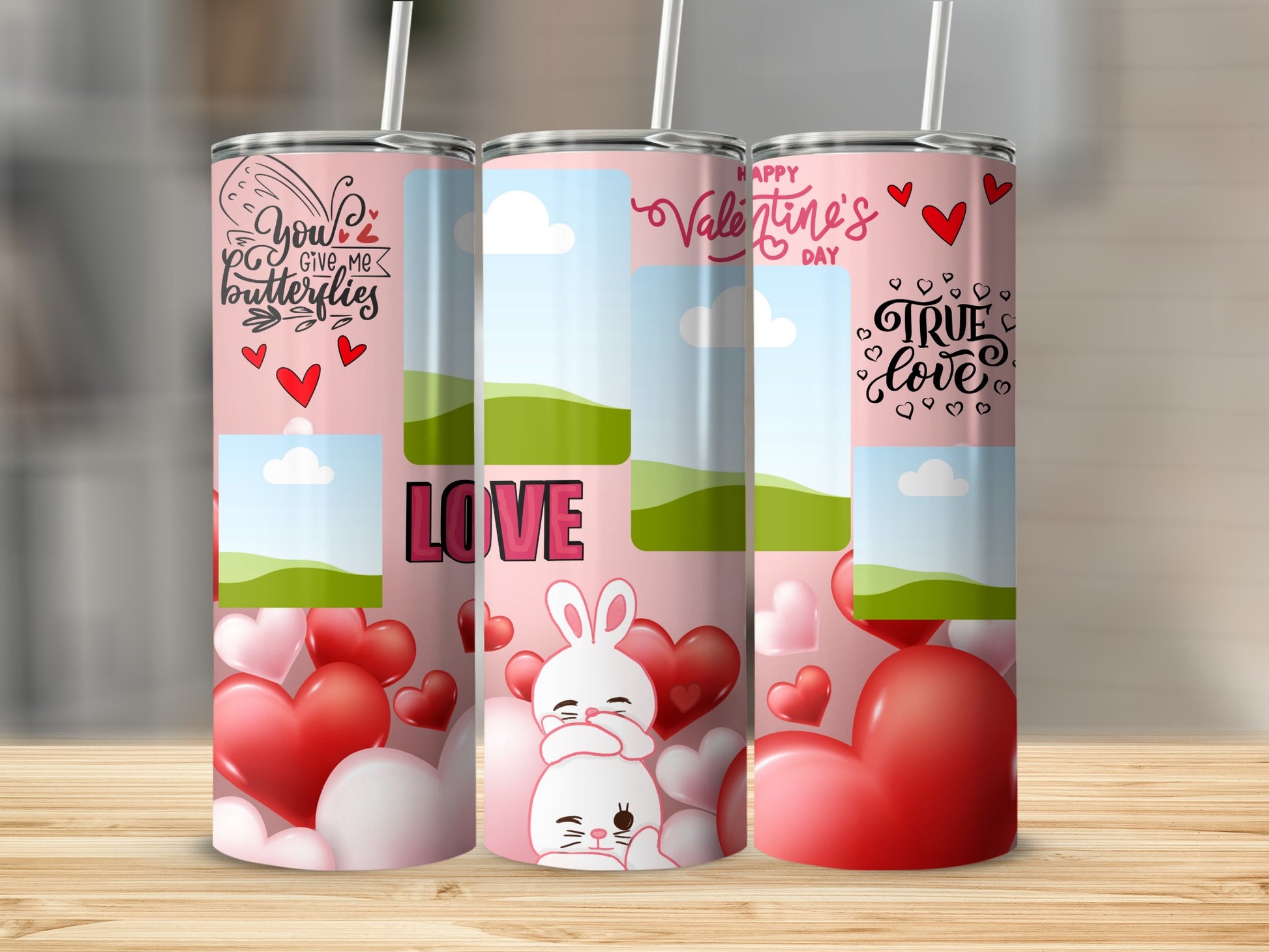 Valentine's Day tumblers with hearts, bunnies, and romantic text designs.