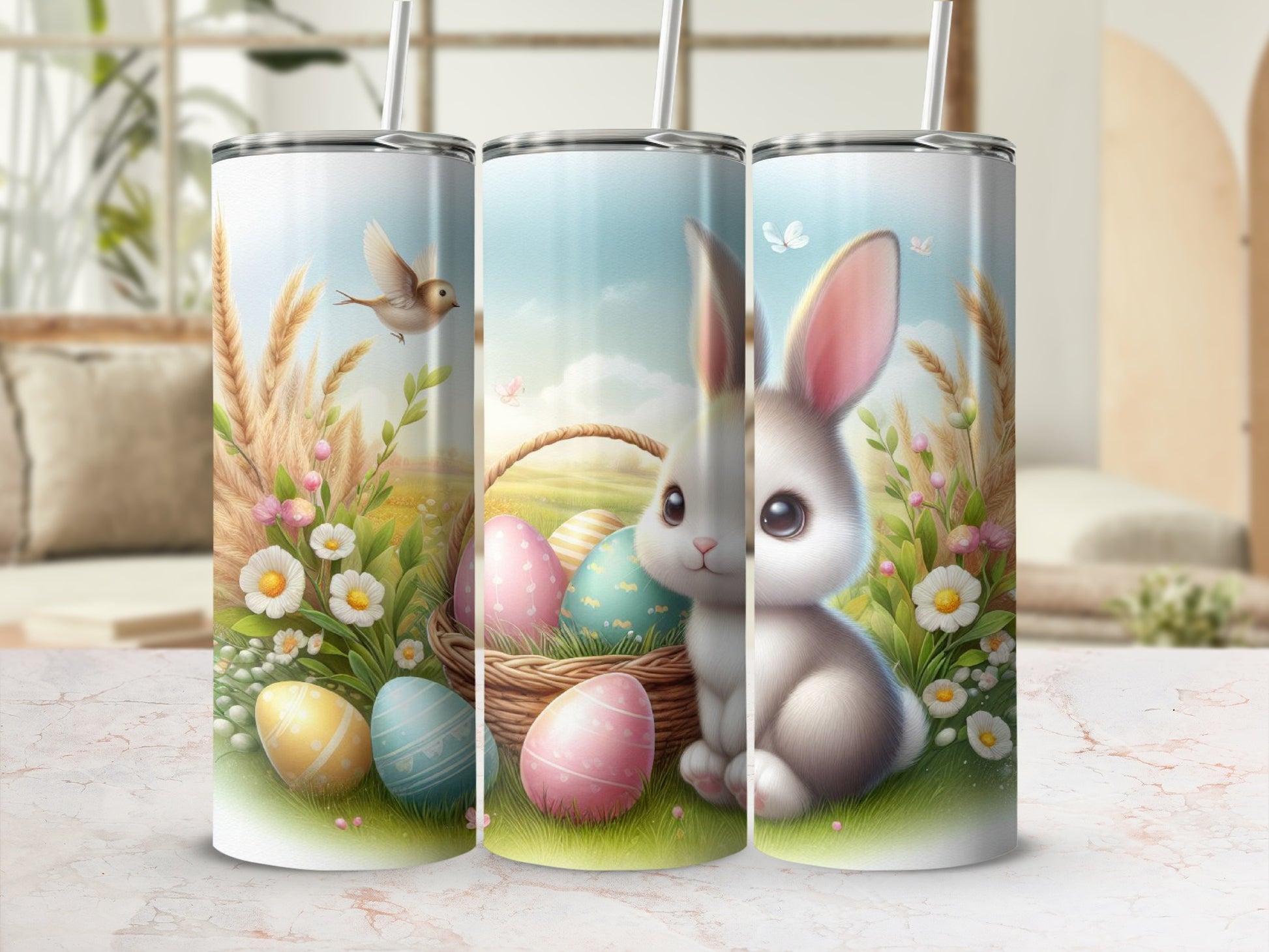 White bunny with Easter eggs and bird in a whimsical springtime scene.