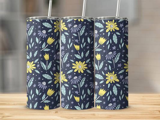 Floral Patterned Navy Blue Stainless Steel Tumbler