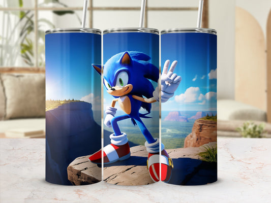 Sonic the Hedgehog on a rocky cliffside, a tumbler with his image.