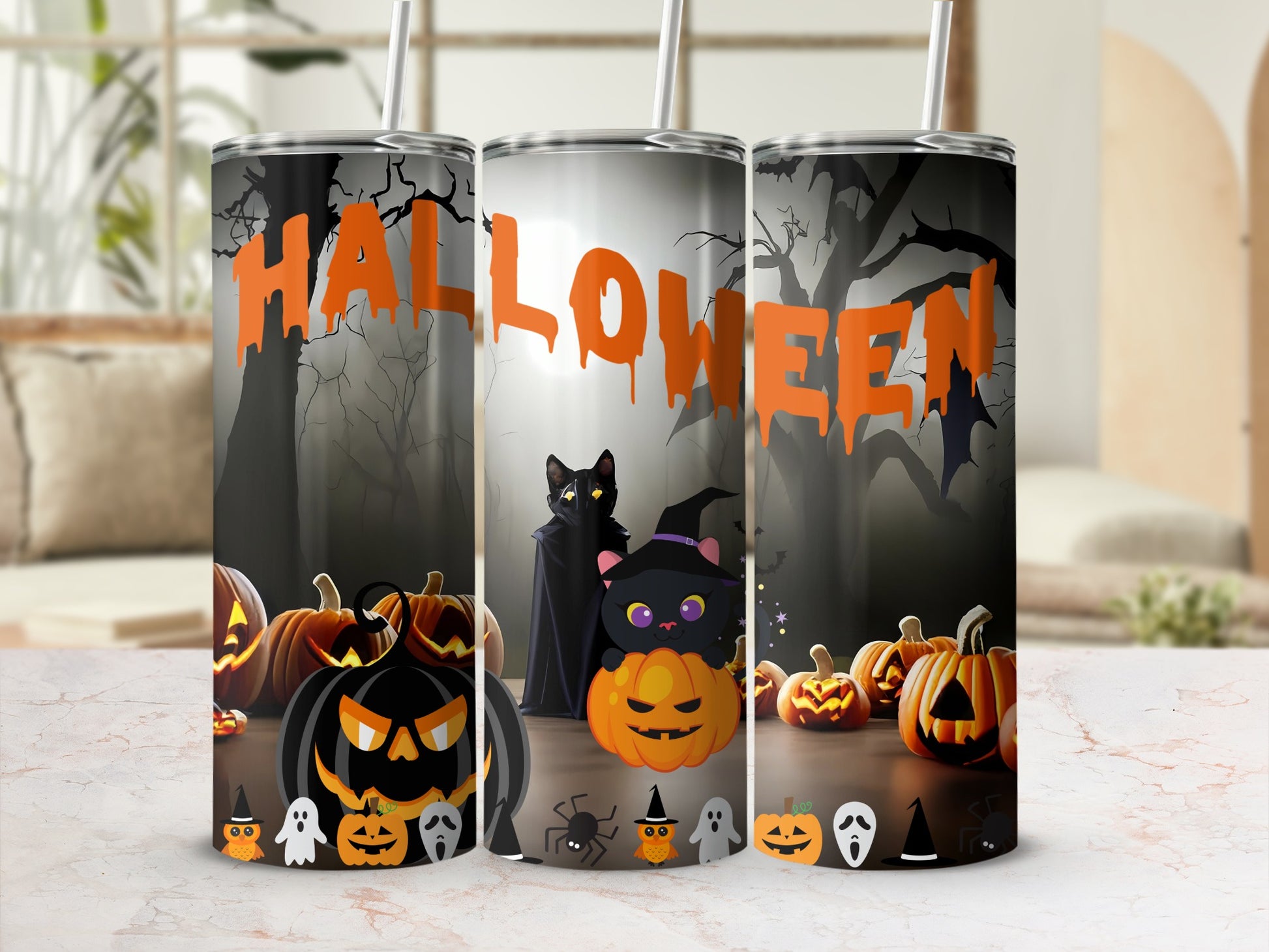 Halloween tumblers with pumpkins, black cat, ghosts, and spooky trees.