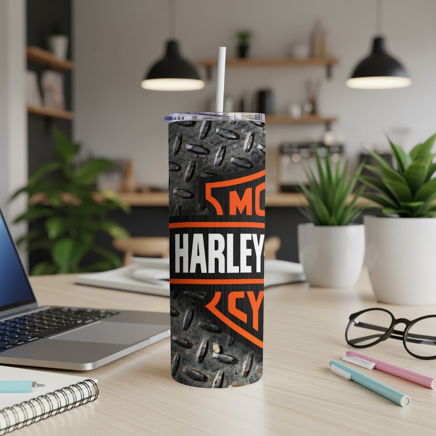 Harley-Davidson tumbler with diamond plate texture and orange logo.