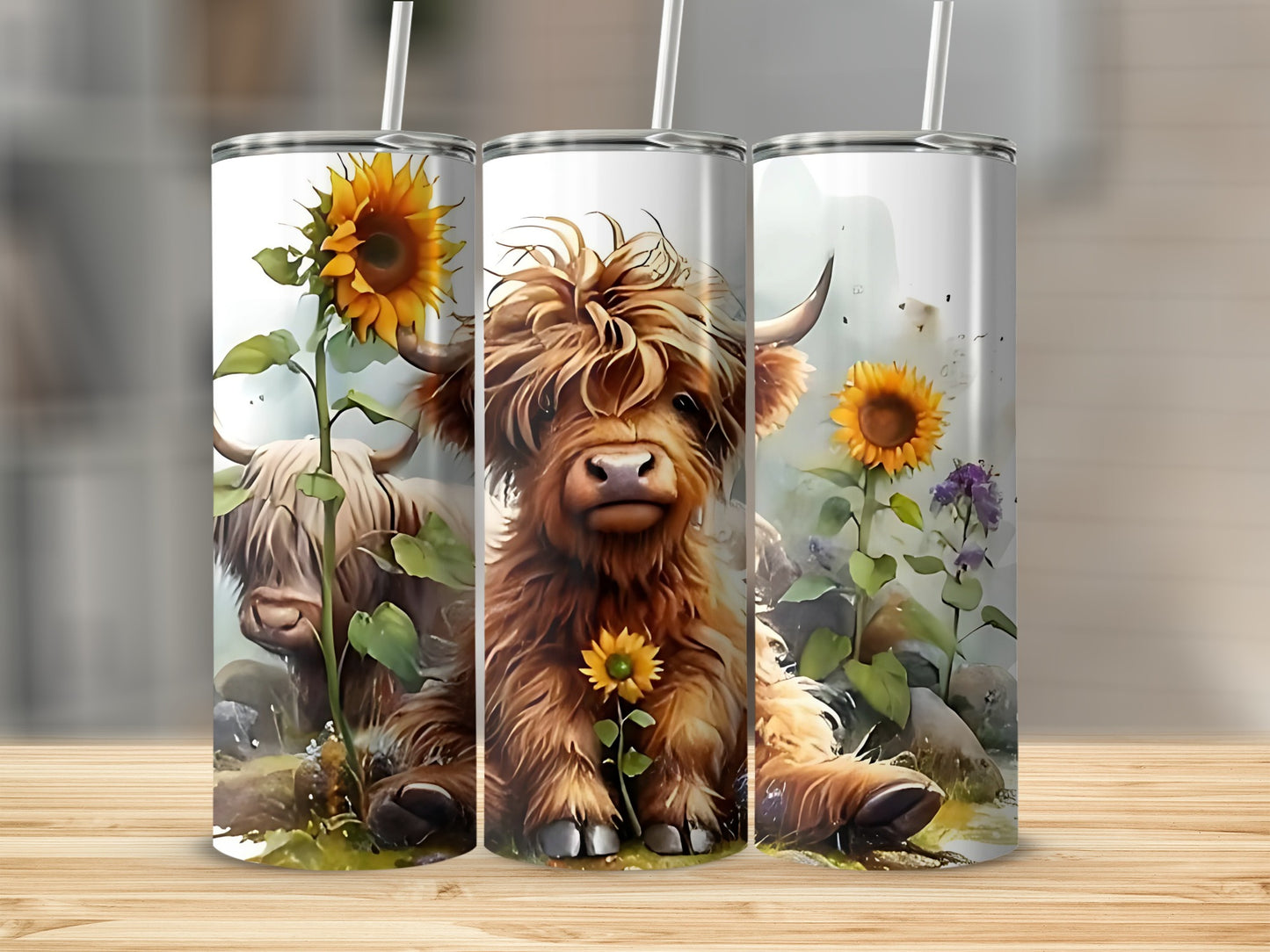 Cute Highand Cow and Sunflower Design Tumbler
