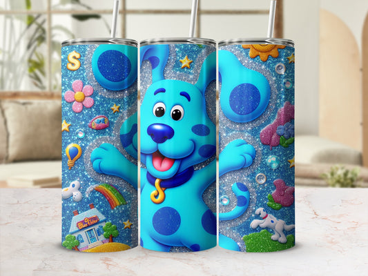 Glittery Blue Dog Cartoon Design Tumbler with Lid and Straw