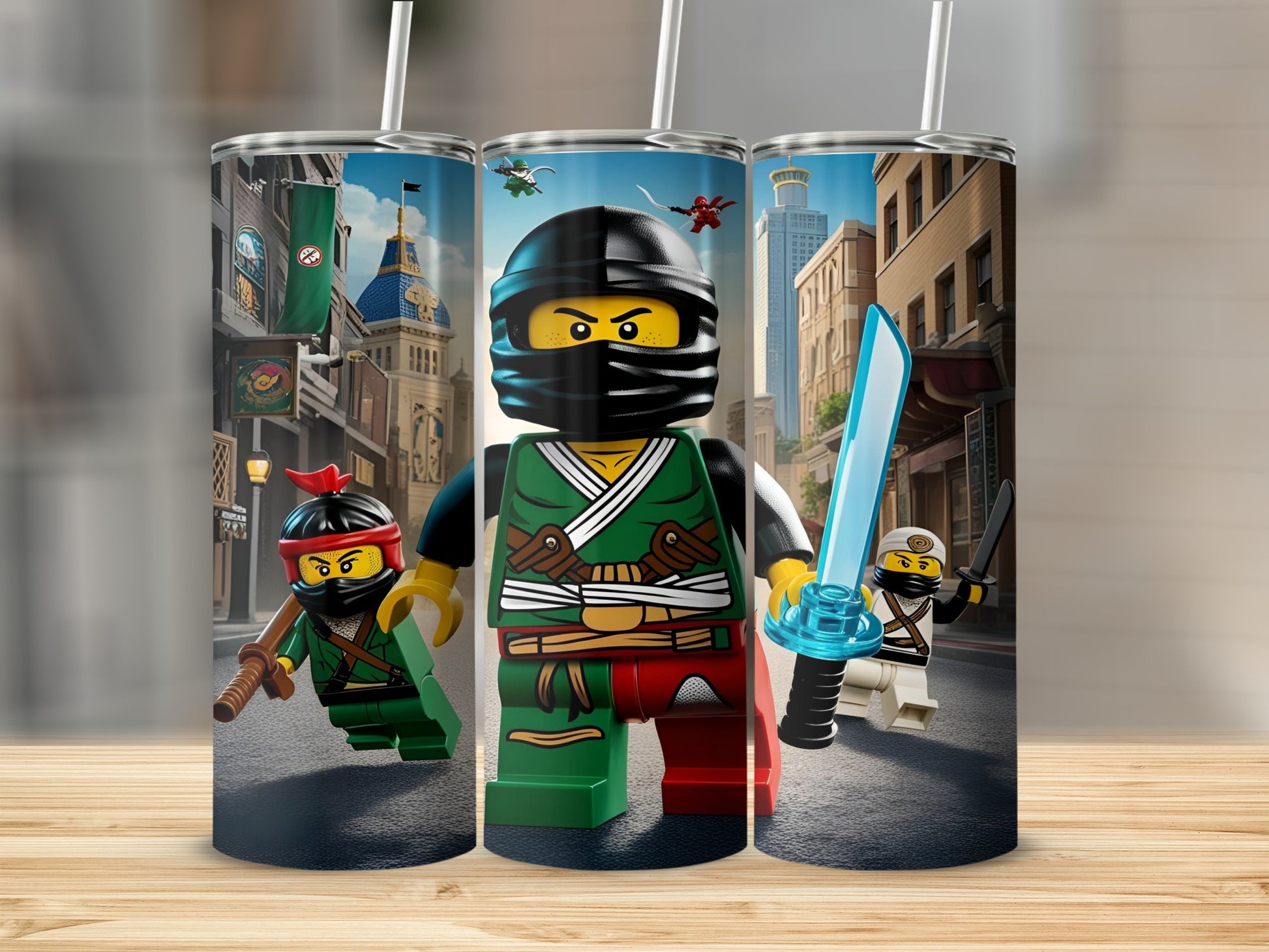 Lego Ninjago characters with katanas and nunchucks in a city street.