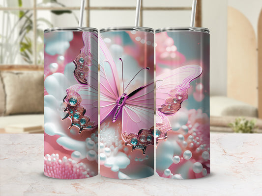 Pink butterfly with pearls and flowers on a tumbler