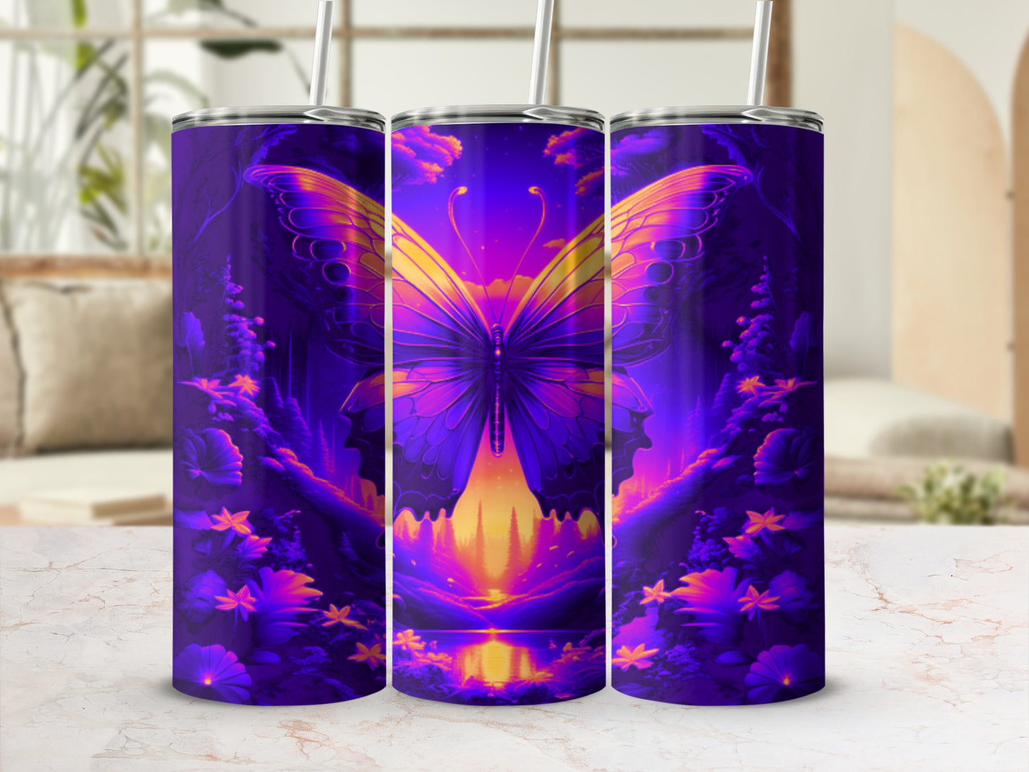 Purple tumbler with a glowing butterfly and vibrant floral background.