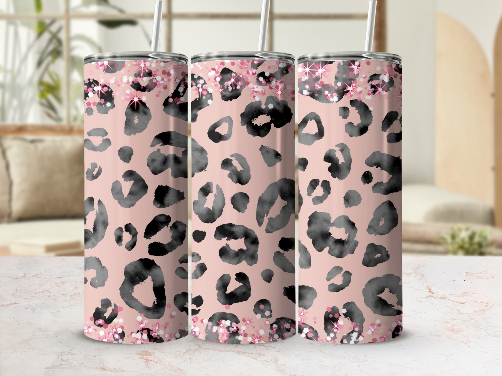 Pink and Black Leopard Pattern Tumbler for Drinks