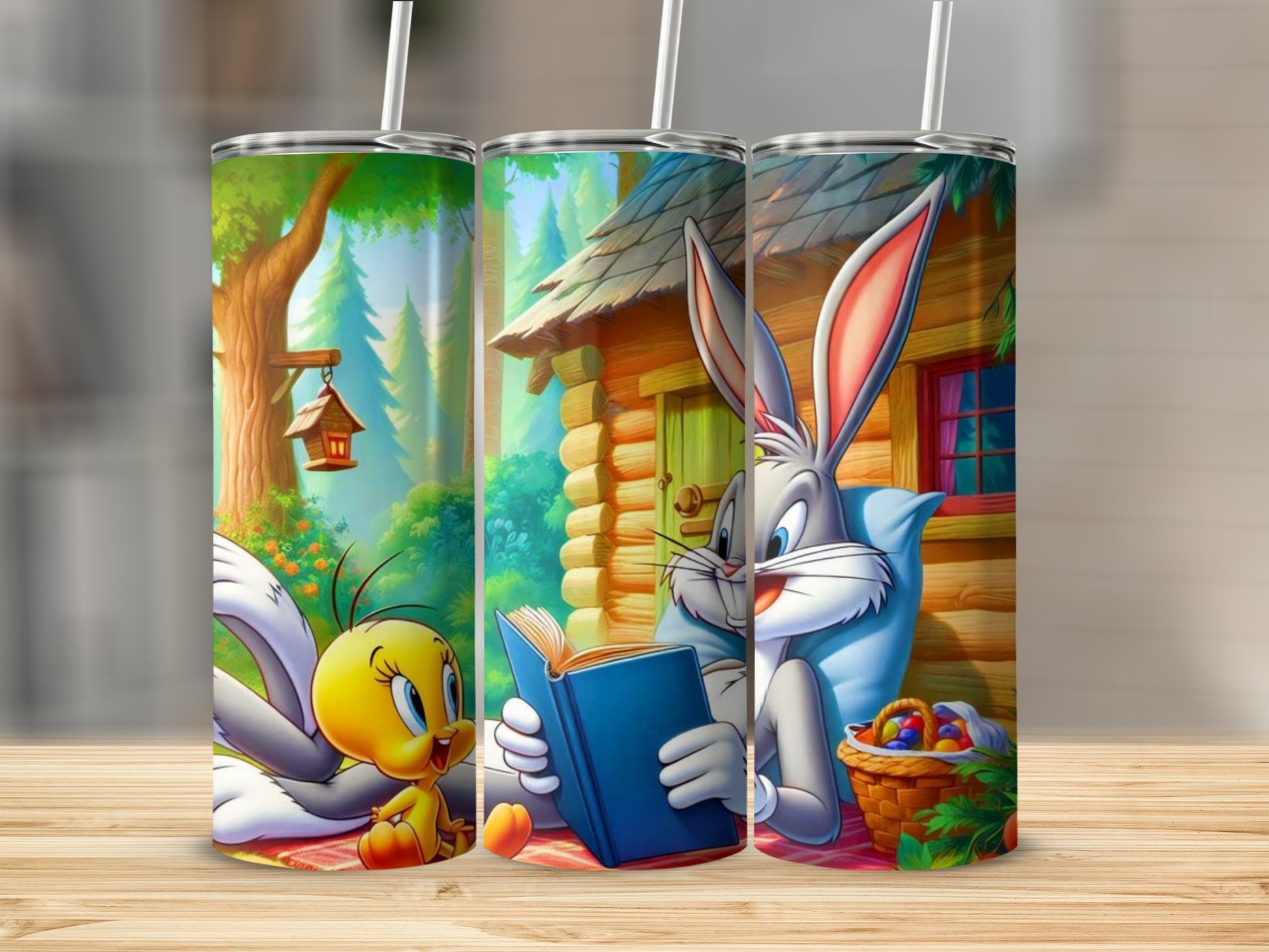 Bugs and Tweety Bird Reading by Cabin Tumbler