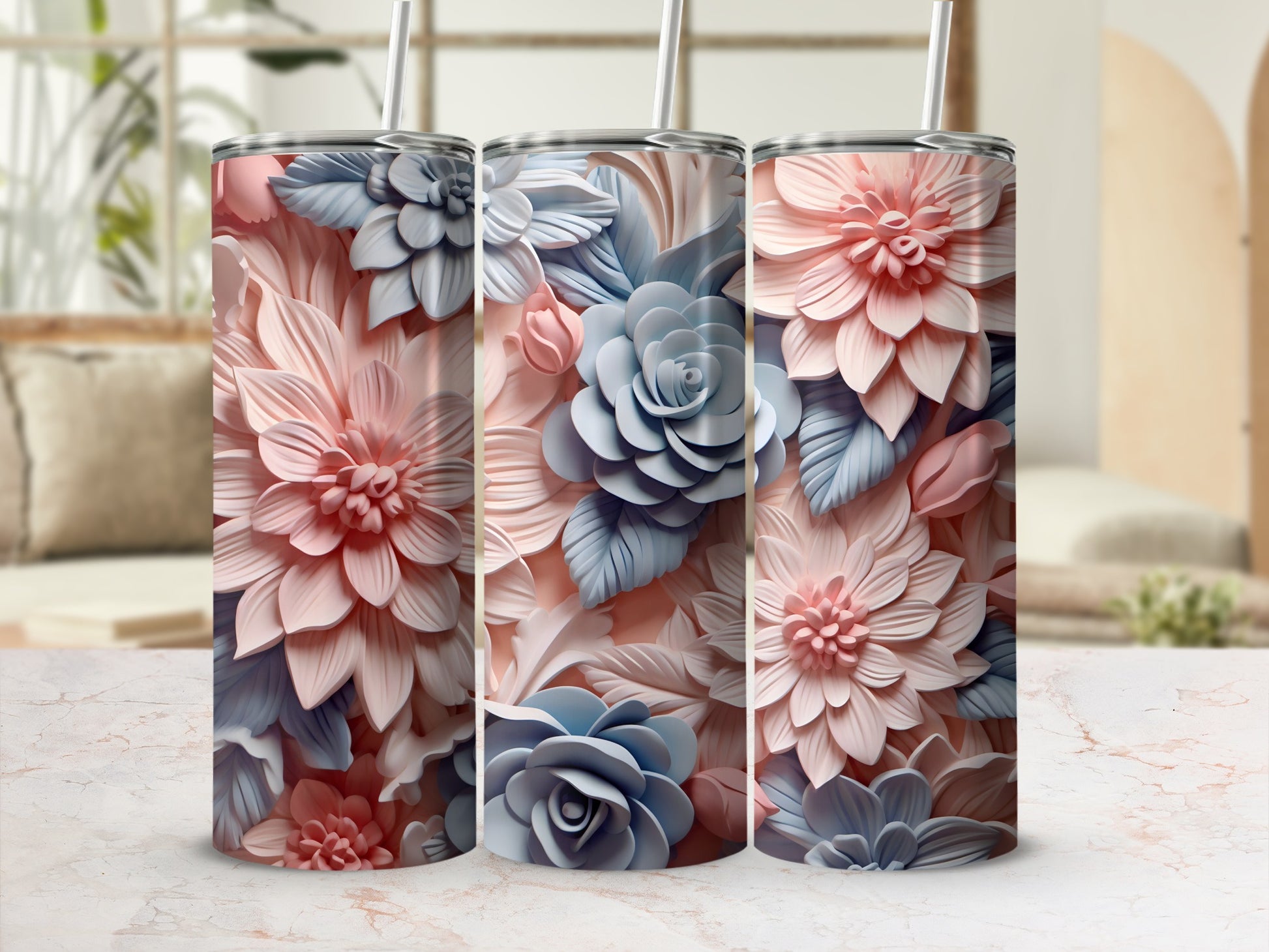 Floral Blossom Insulated Tumbler with Straw Cup