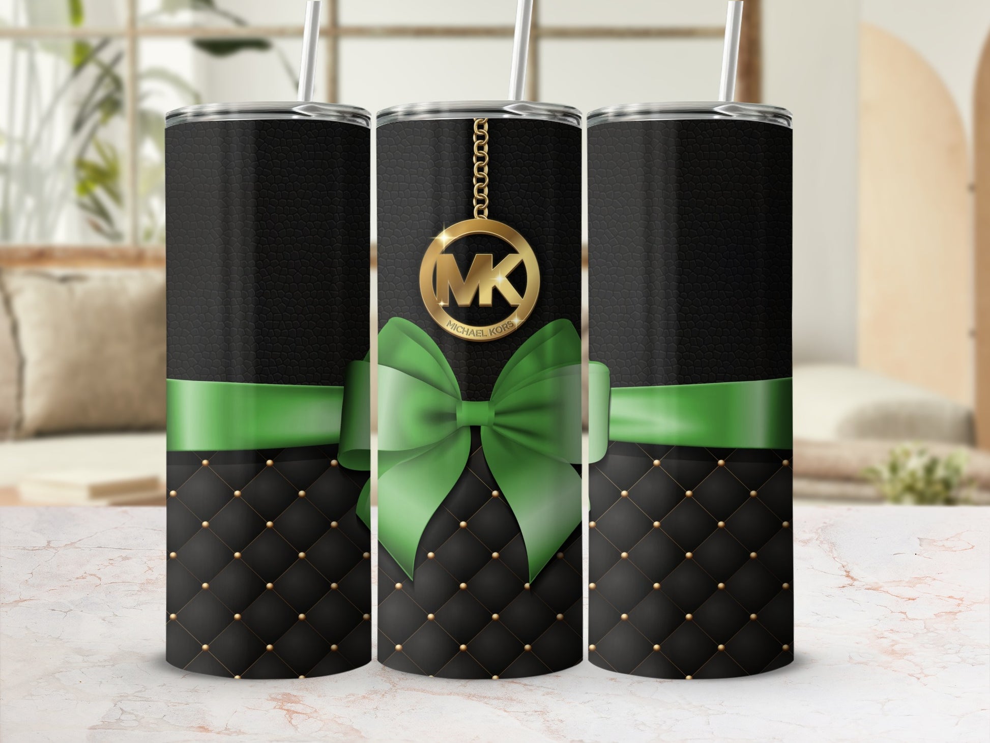 Elegant Black and Green Bow Tumbler with Gold Accents