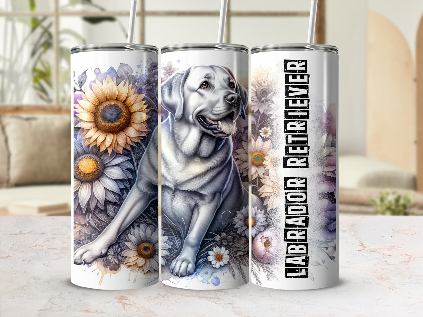 Labrador retriever with sunflowers and floral accents on a white tumbler.