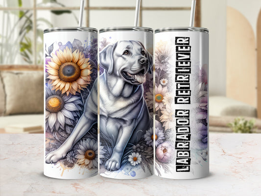 Labrador retriever with sunflowers and floral accents on a white tumbler.