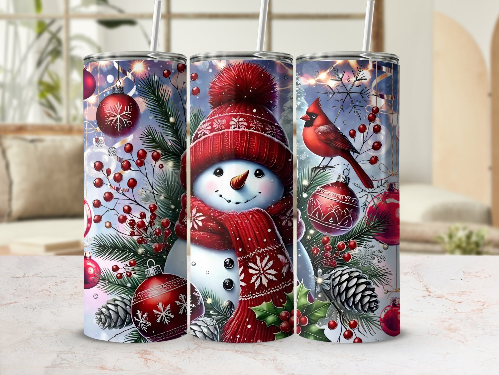 Festive Snowman and Cardinal Tumbler Holiday Design