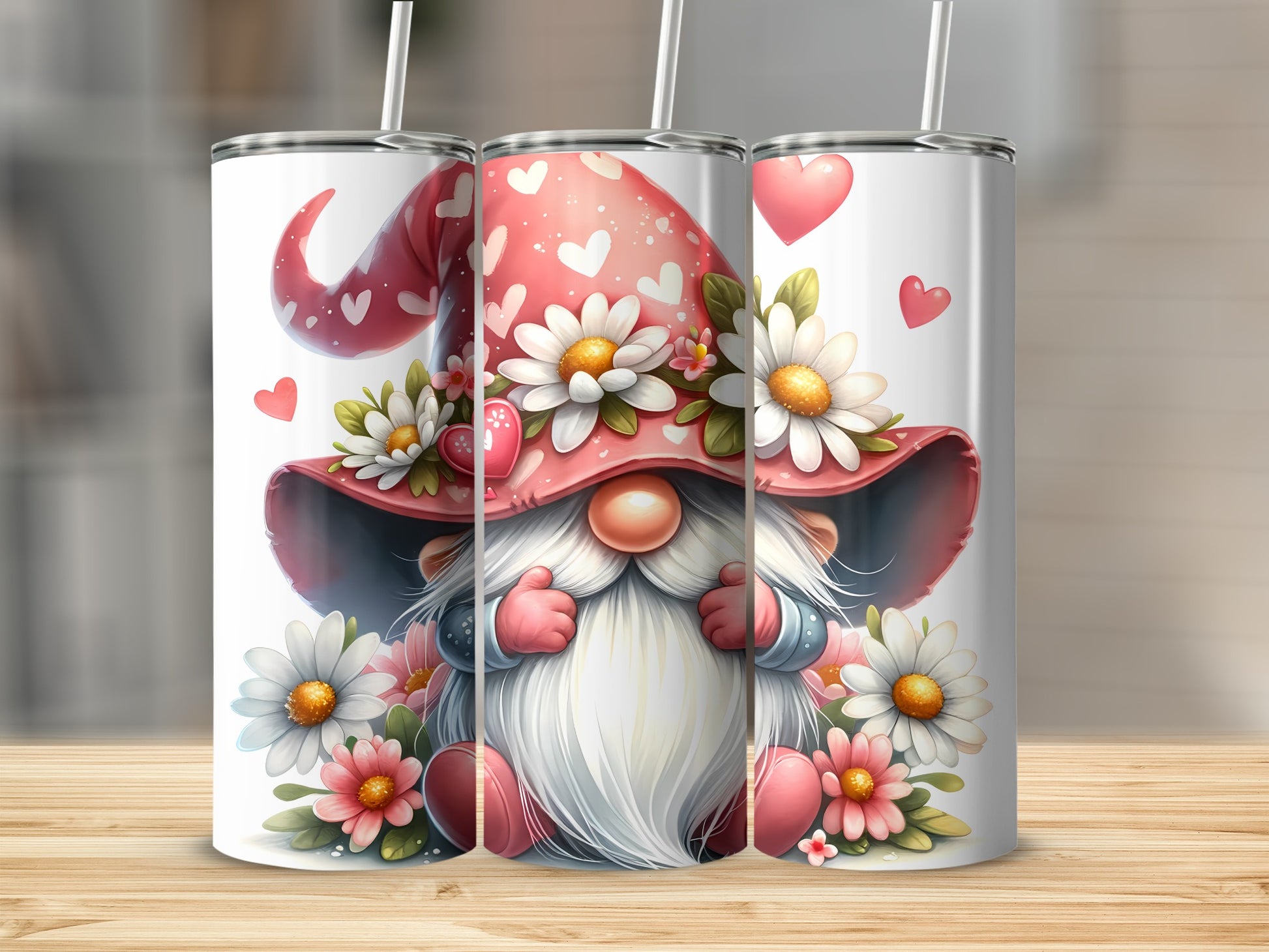 Pink gnome with flowers on a tumbler, featuring hearts.