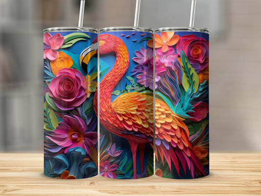 Three tumblers with colorful flamingo and floral designs.