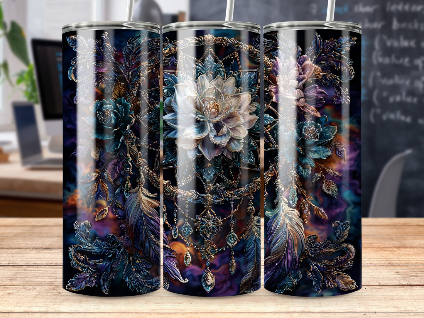 Intricate Flower and Feathers Design Tumbler Product