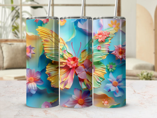 Butterfly and floral design on three tumblers.