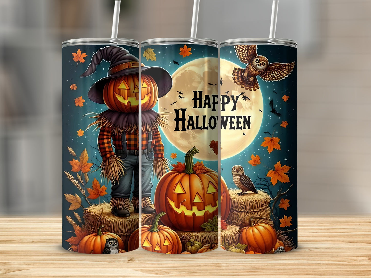 Halloween tumblers with scarecrow, pumpkins, owls, bats, and moon design.
