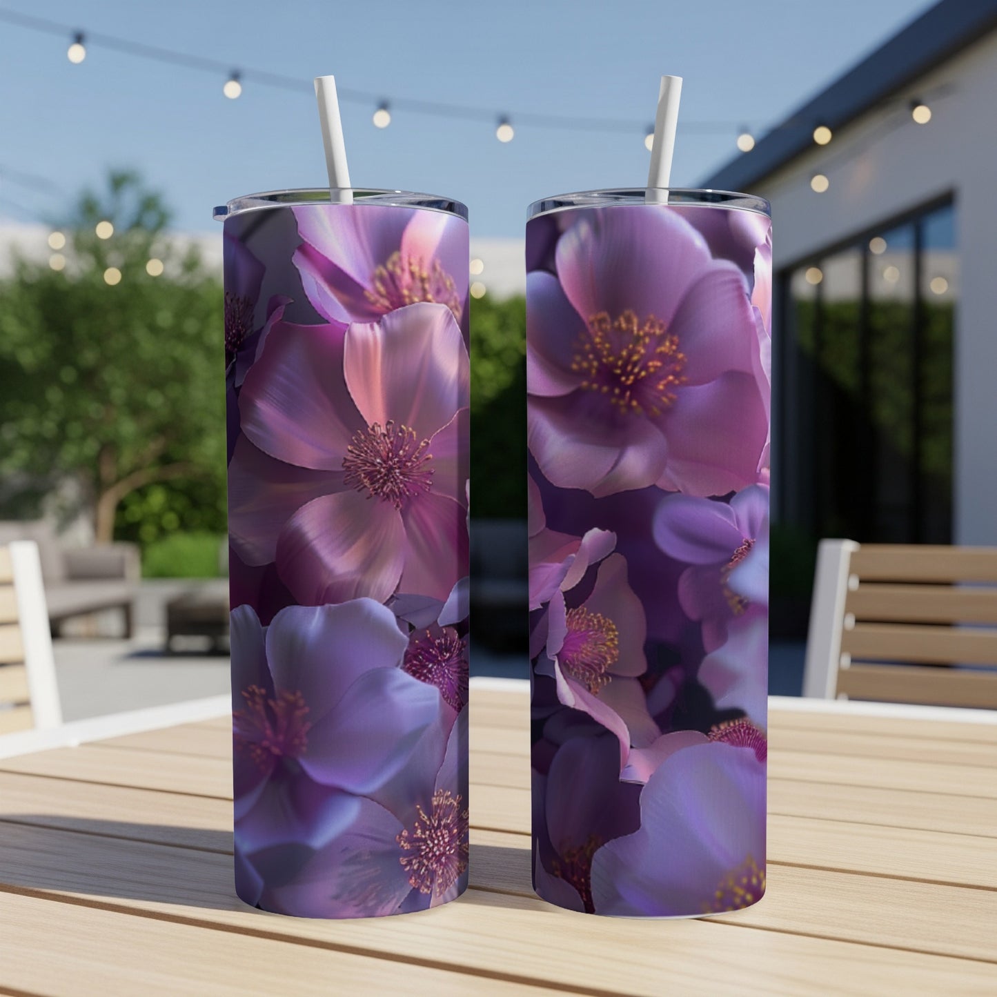 Two tumblers with a purple floral pattern on a wooden table outdoors.