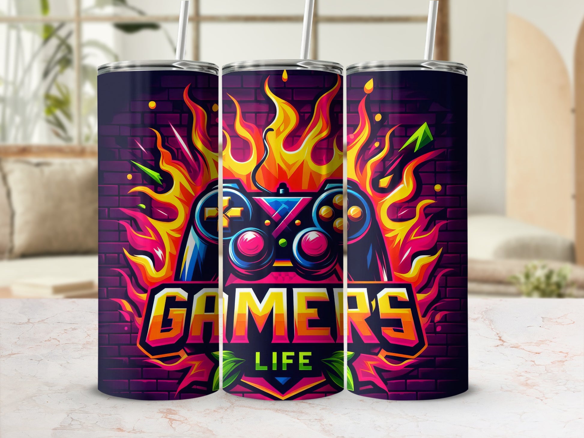 T-shirt graphic with "Gamers Life" text and flaming video game controller.