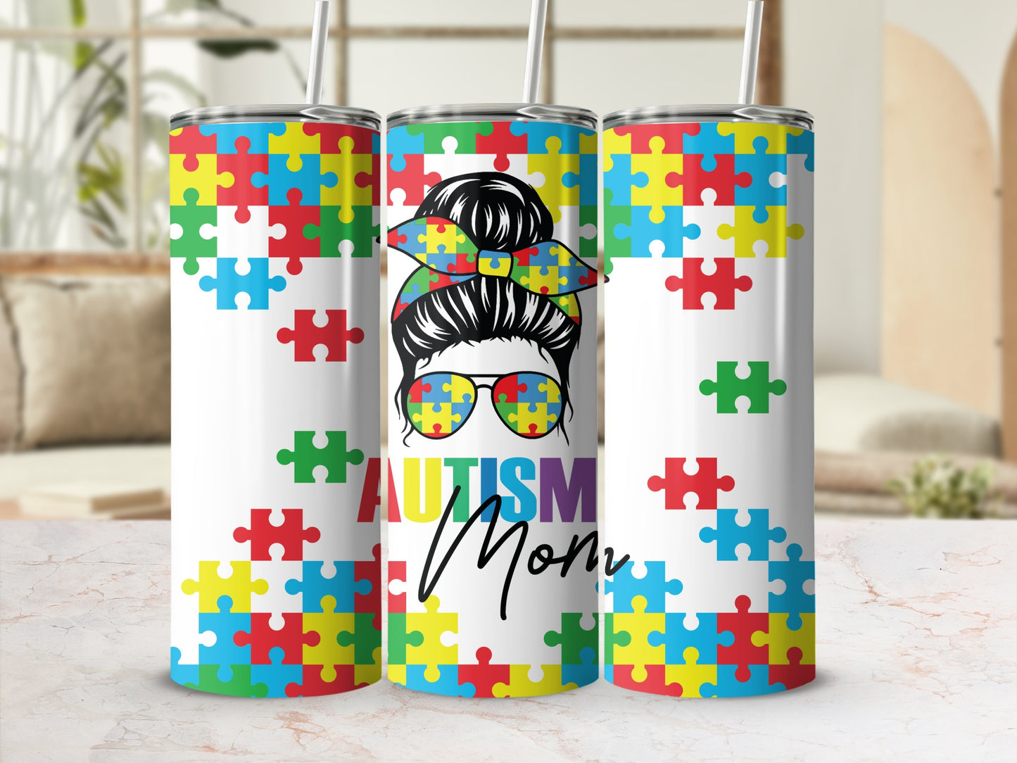Autism mom tumbler with puzzle piece pattern and colorful sunglasses.