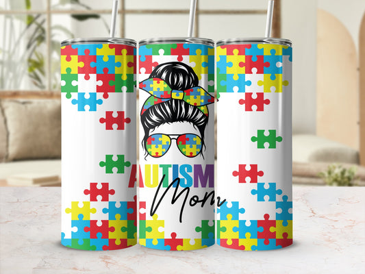 Autism mom tumbler with puzzle piece pattern and colorful sunglasses.
