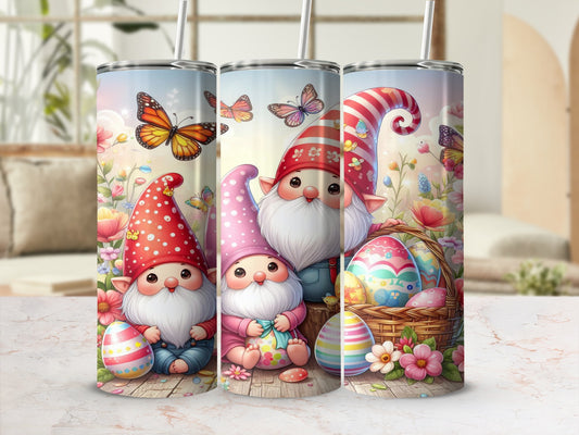 Gnomes and colorful Easter eggs on a spring floral background.