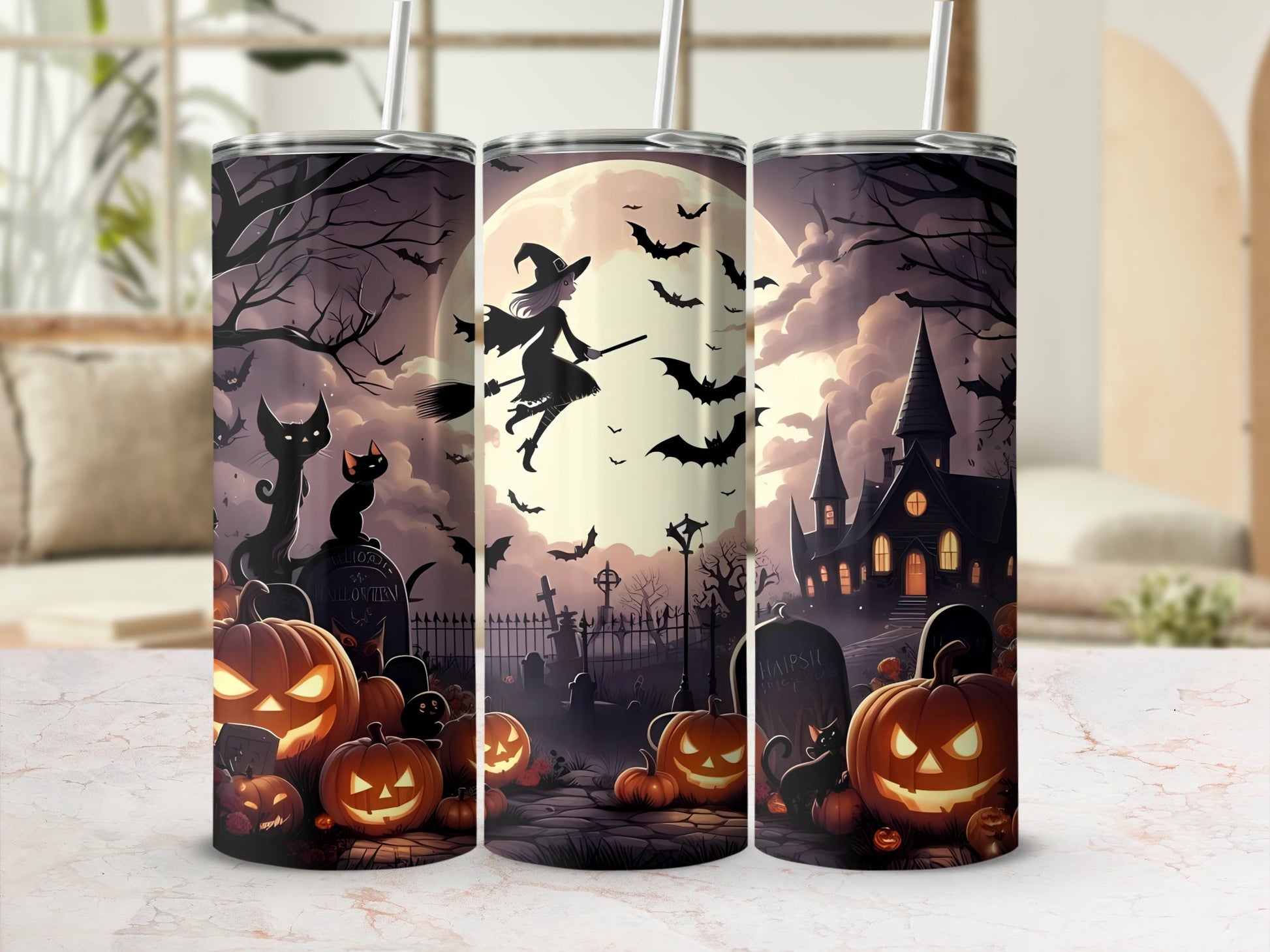 Halloween themed tumblers featuring pumpkins, a witch, bats, black cats, and a haunted house.