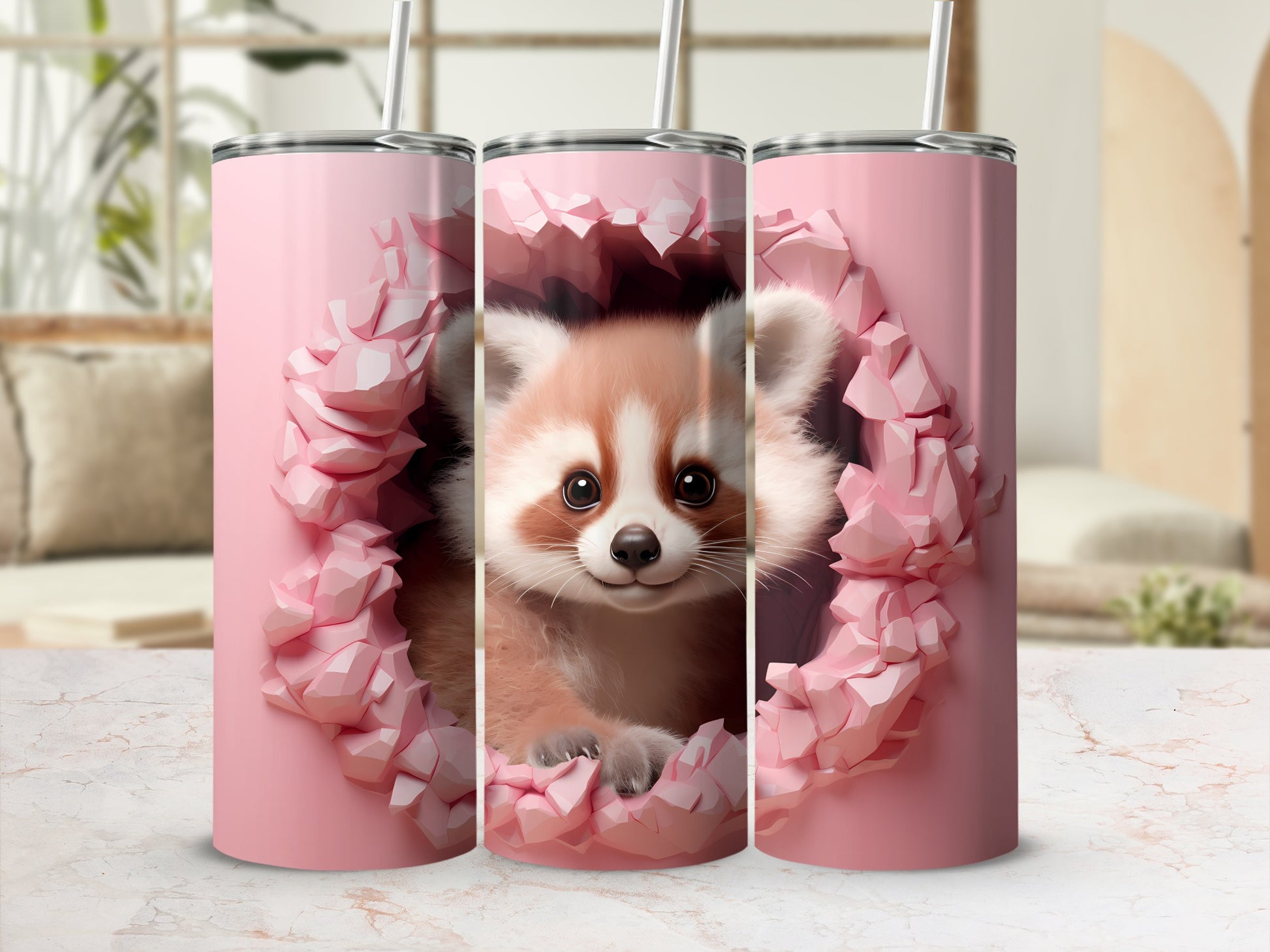 Cute Red Panda Peeking Out from Pink Flowers Tumbler