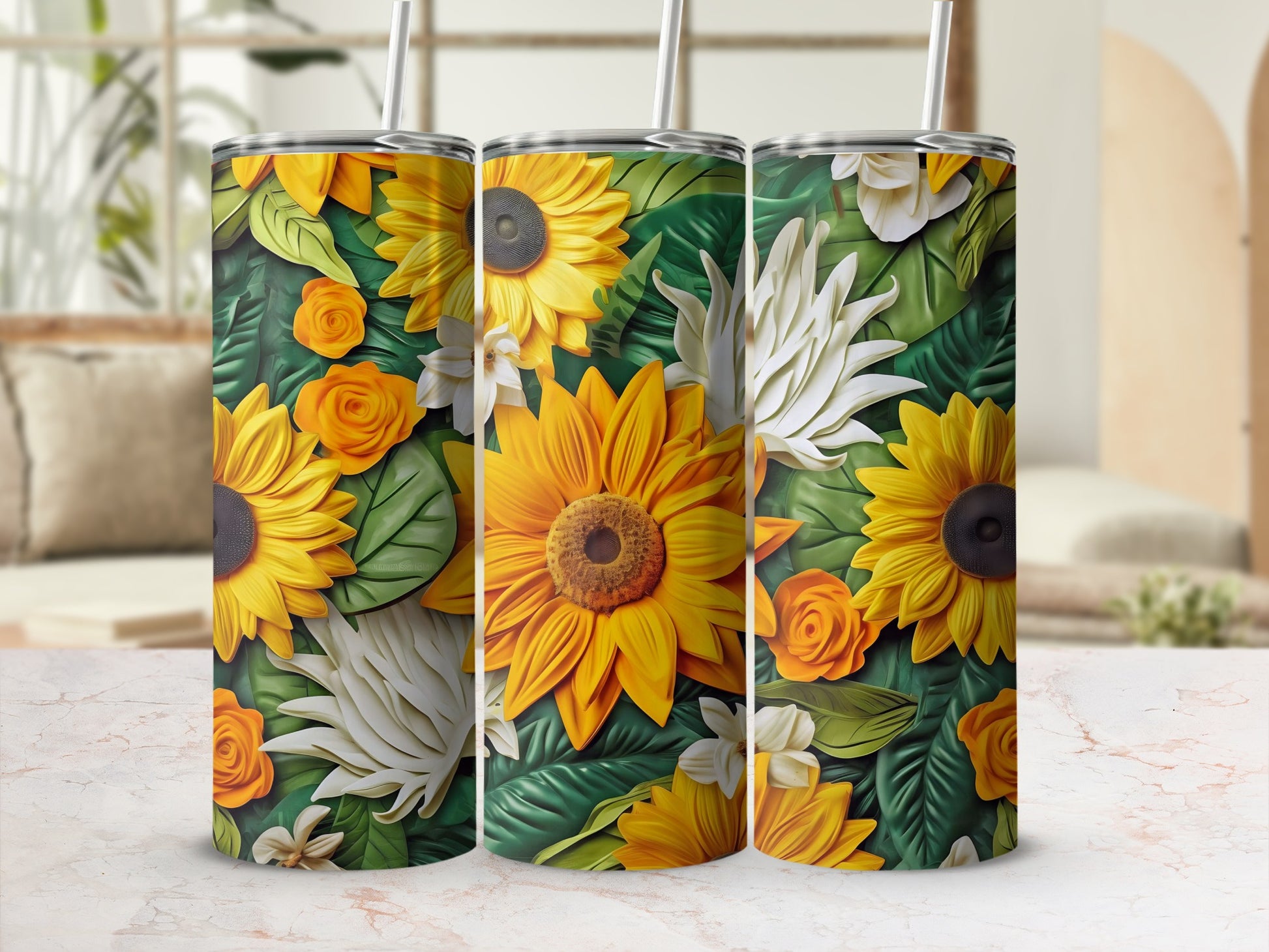 Vibrant Sunflower and Green Foliage Tumbler Product