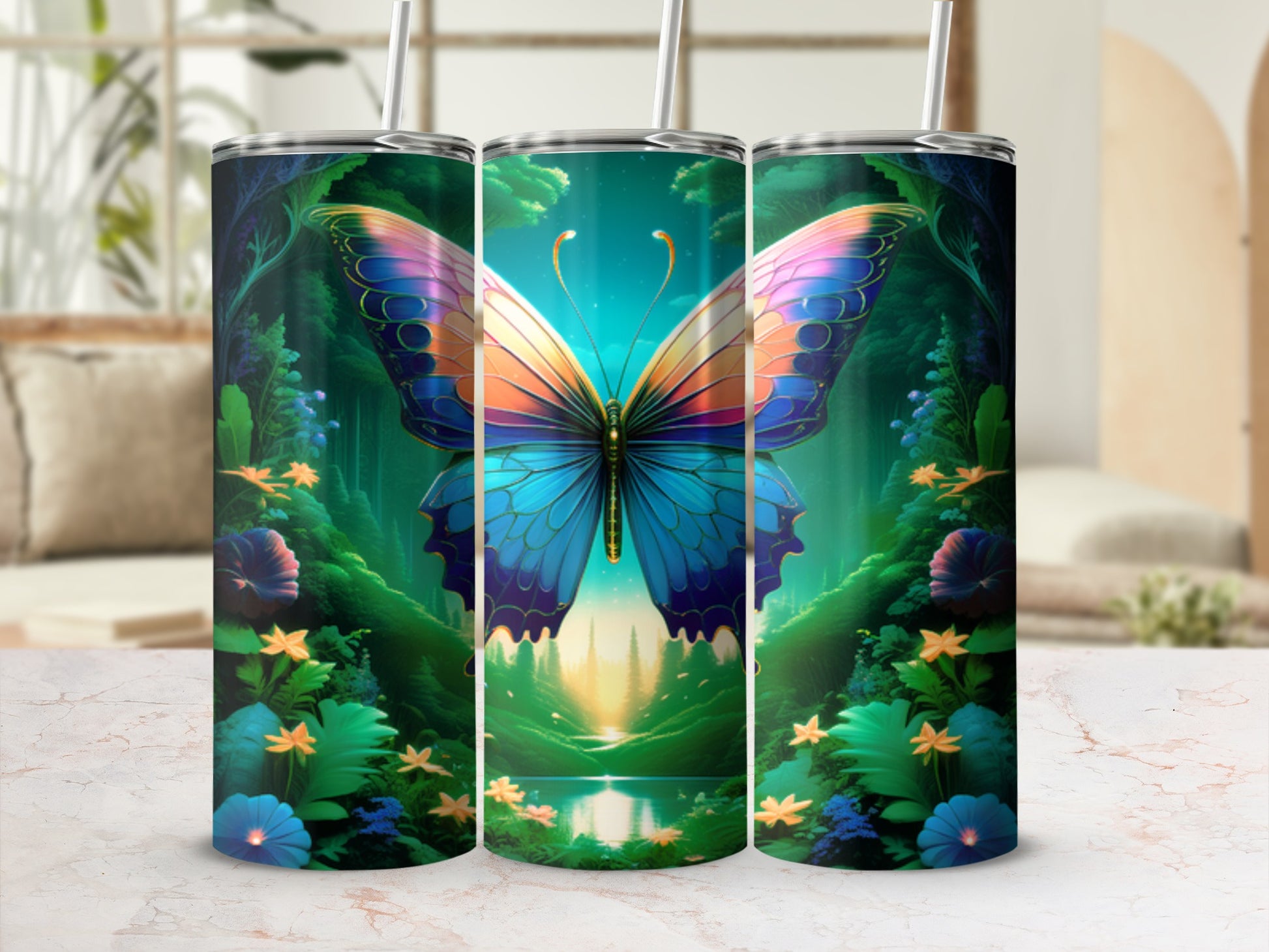 Tumbler with vibrant blue and orange butterfly on a lush, green, magical forest background.