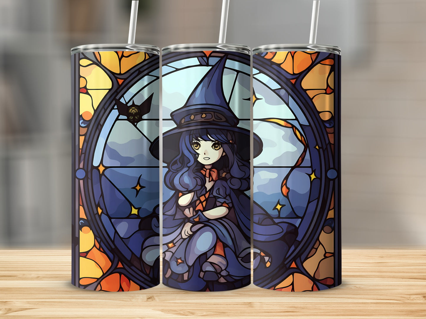 Stained glass tumbler with witch character and celestial background.