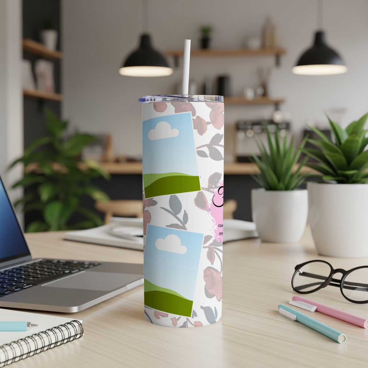 Tumbler with floral print and photo placeholders, featuring a pink "S" and text.