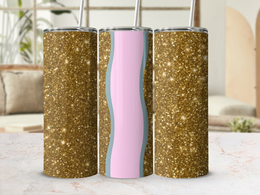 Three glitter tumblers with wavy pink and blue design in the center.