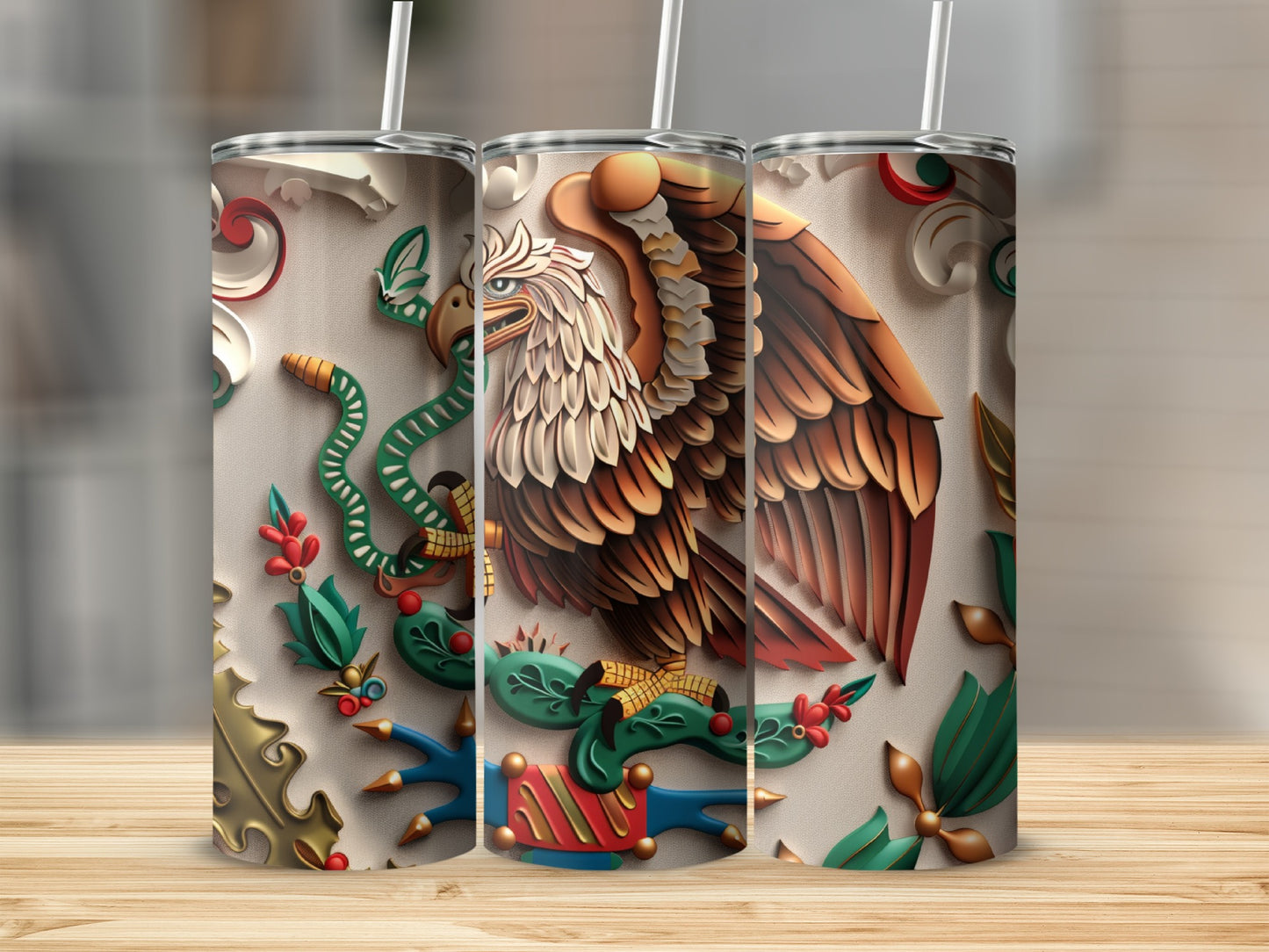 Three tumblers featuring the Mexican flag's eagle and serpent emblem.