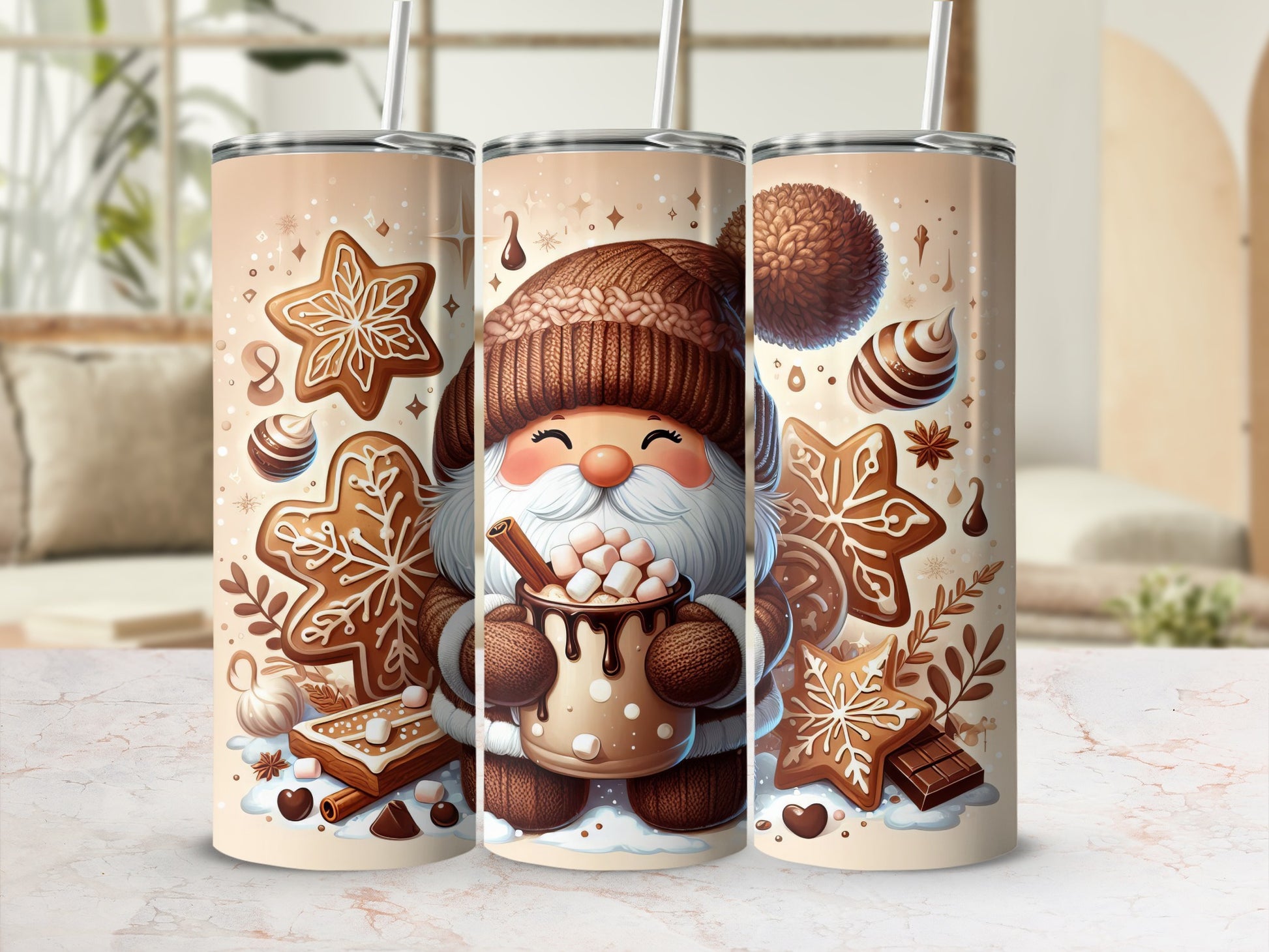Christmas Santa with cocoa and gingerbread cookies on a tumbler.