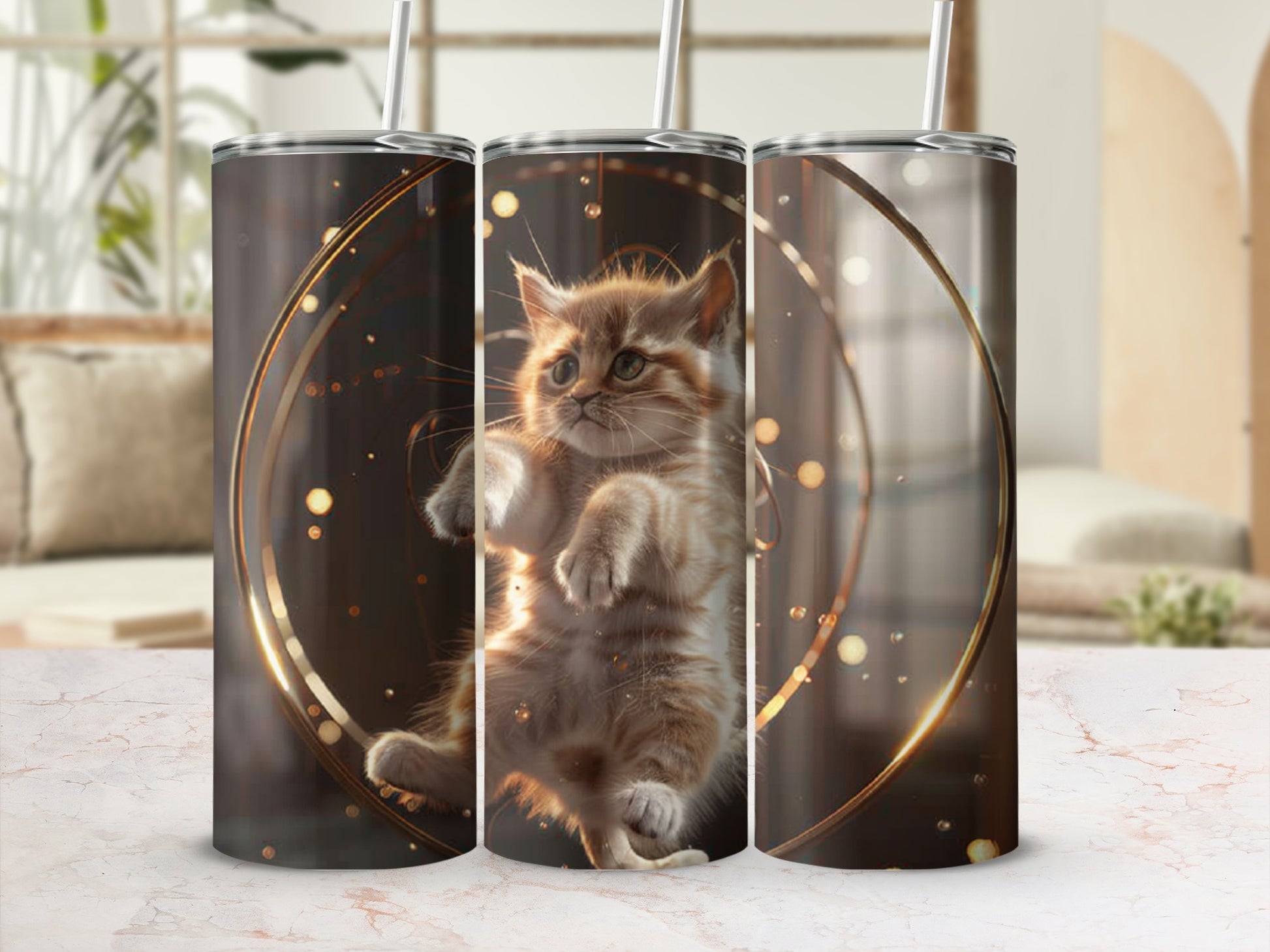 Kitten reaching up inside a golden ring with bokeh lights.