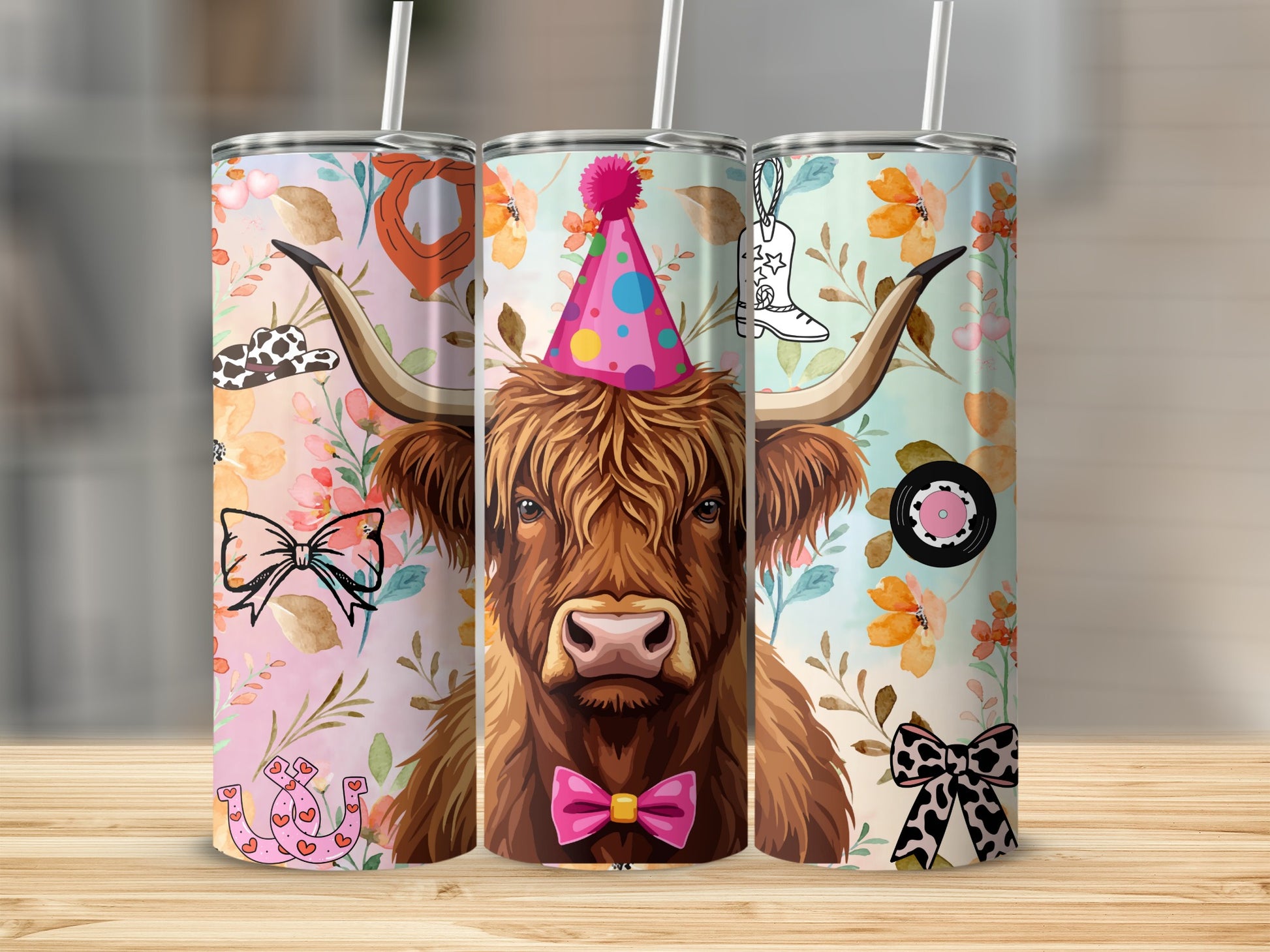 Colorful Highland Cow Party Theme Printed Tumbler