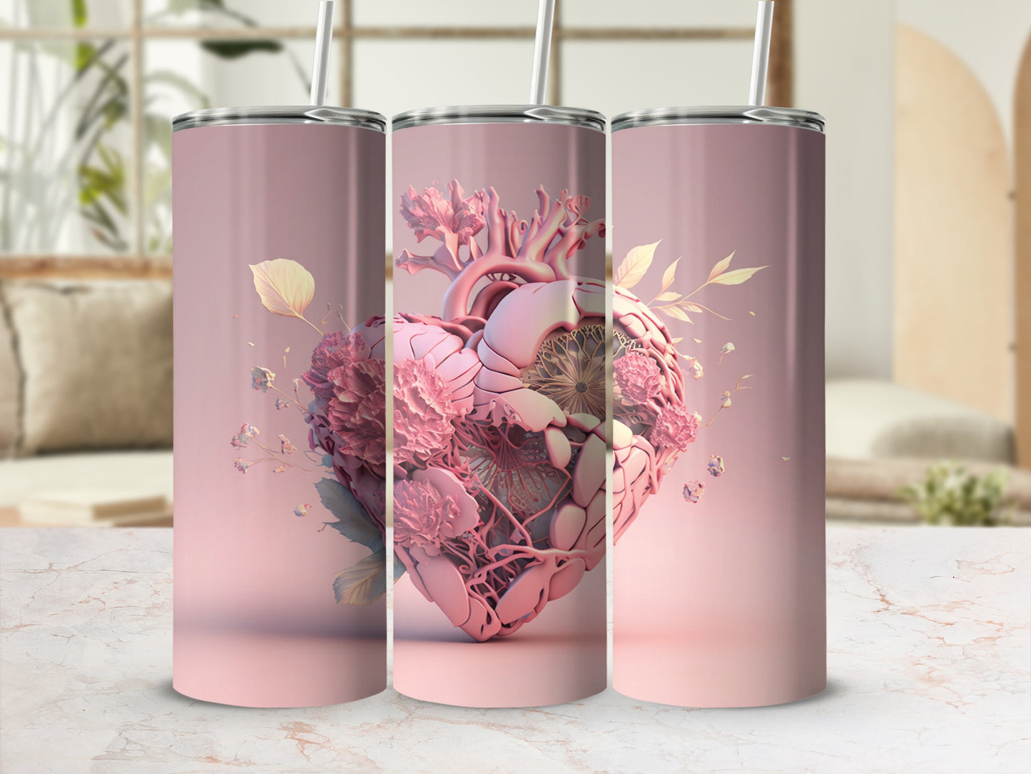 Three tumblers featuring a detailed anatomical heart with floral accents.