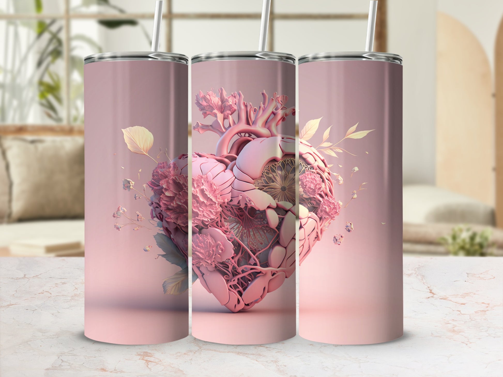 Three tumblers featuring a detailed anatomical heart with floral accents.