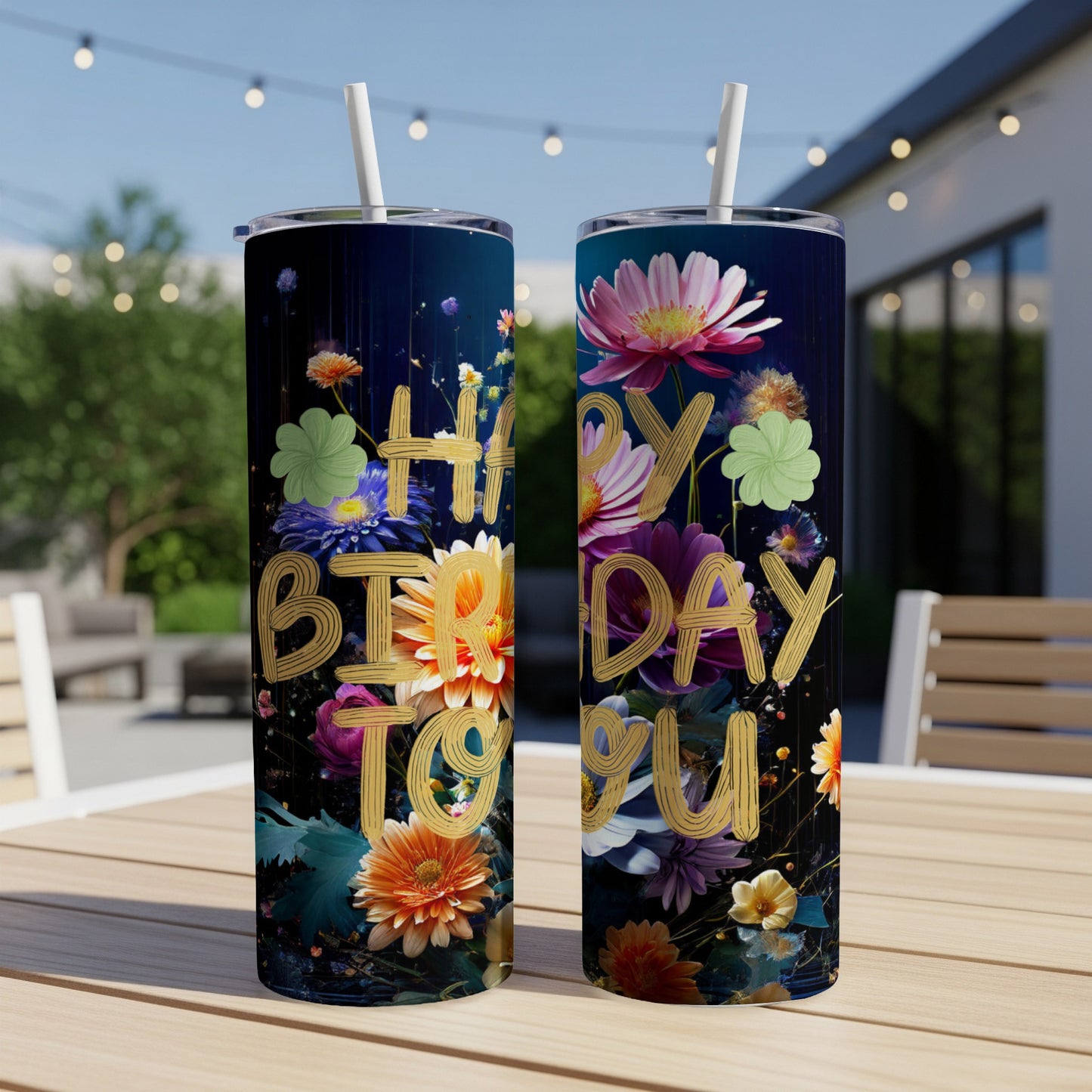 Two tumblers with "Happy Birthday To You" and floral design.