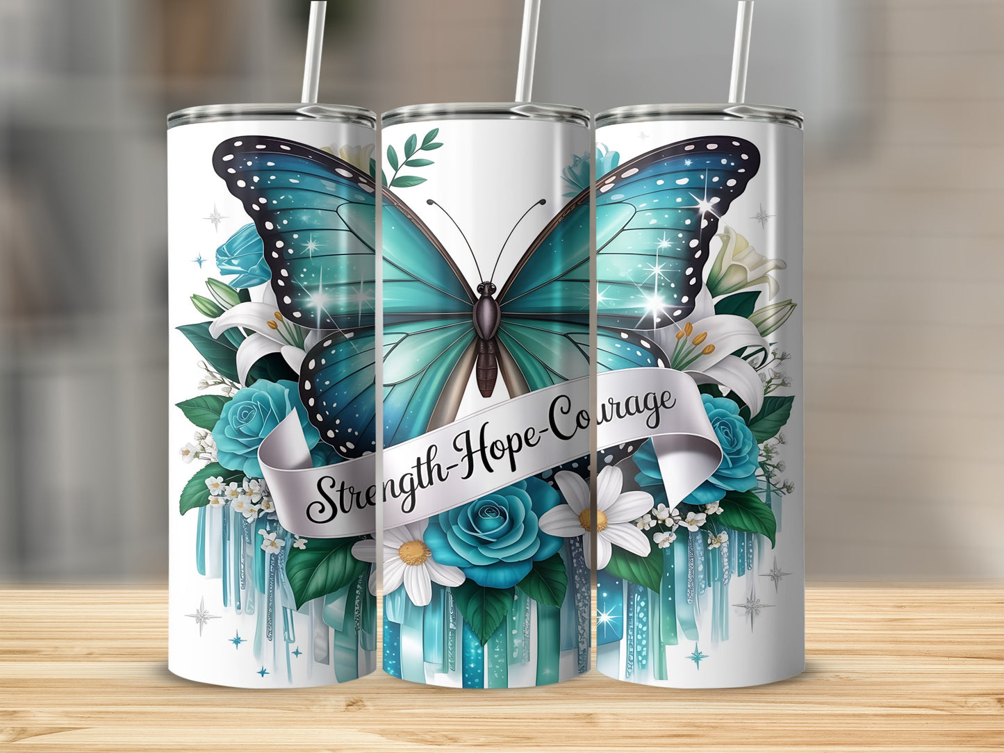 Strength Hope Courage Butterfly Flower Slim Tumbler
